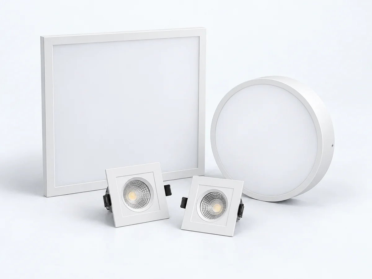 Painel, plafon e spots de LED brancos em fundo claro