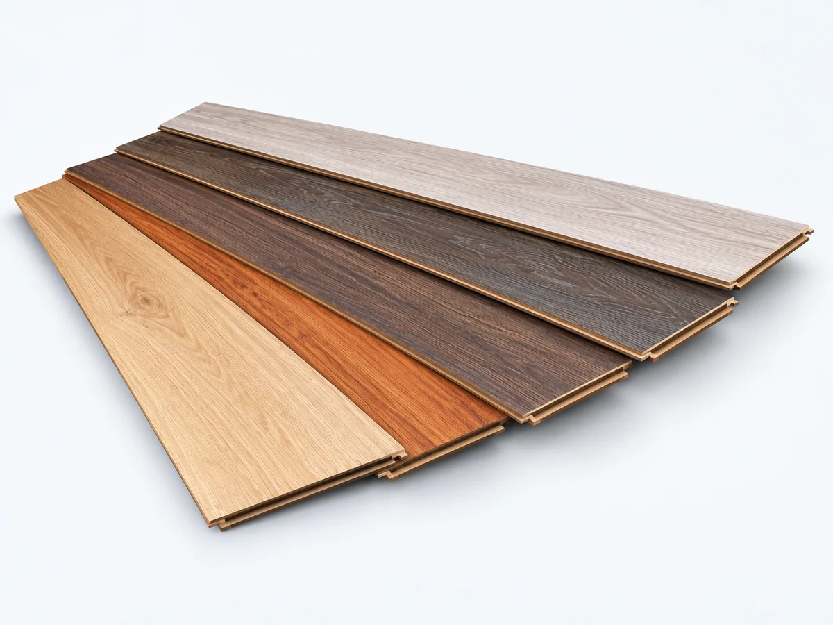 Amostras de pisos laminados e vinílicos em diferentes tons de madeira